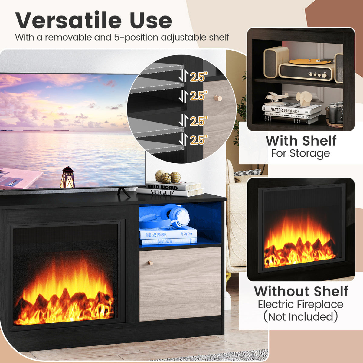 65" TV Entertainment Center with Electric Fireplace - Black