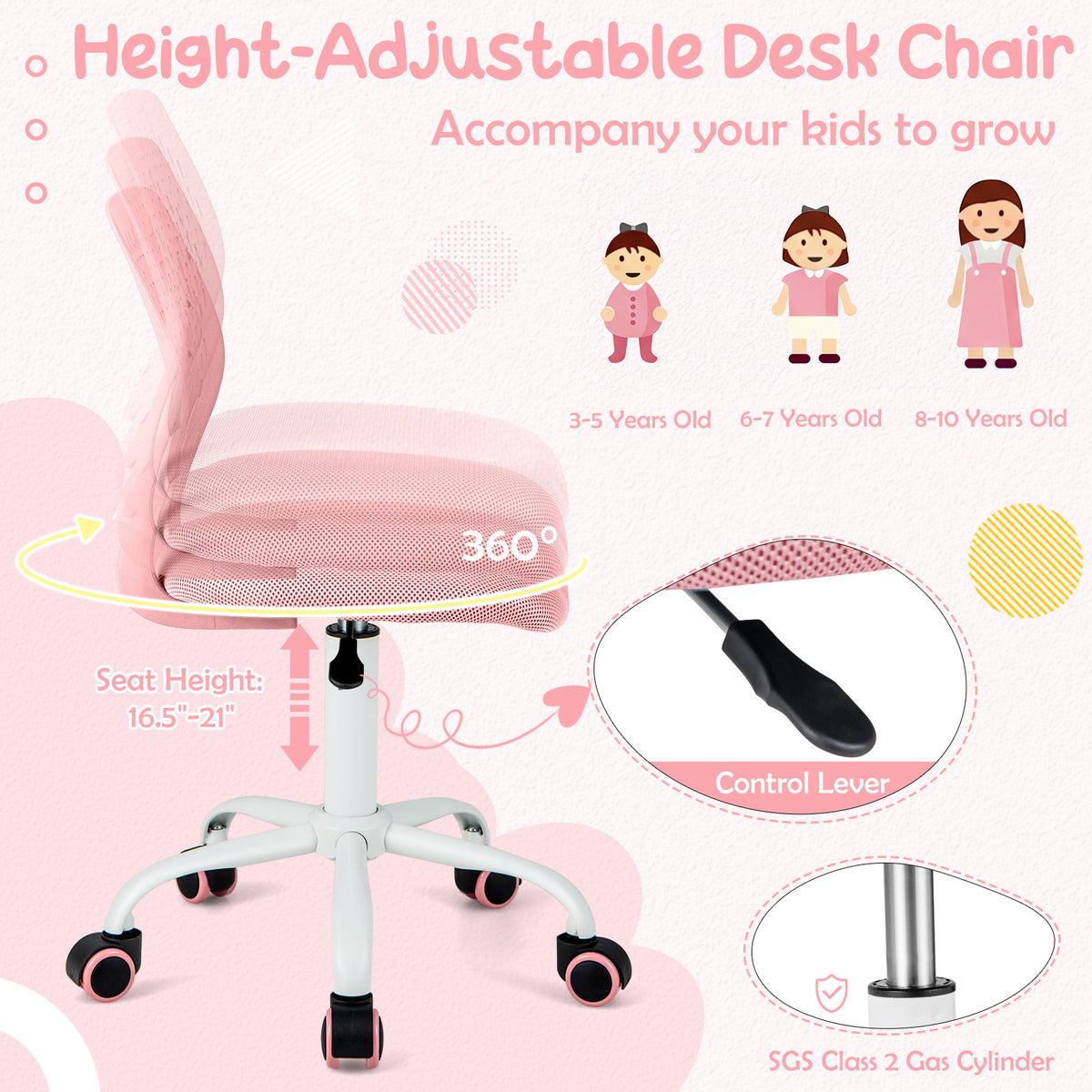 Kids Ergonomic Study Chair with Adjustable Height - Light Pink, 16.5-21 Inches
