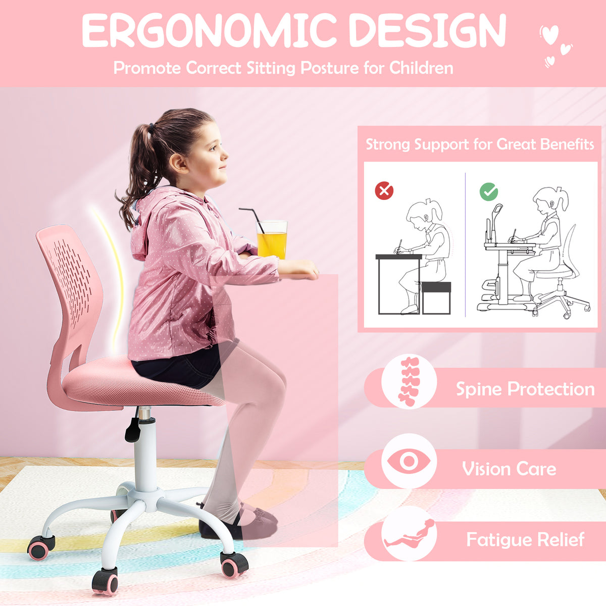 Kids Ergonomic Study Chair with Adjustable Height - Light Pink, 16.5-21 Inches