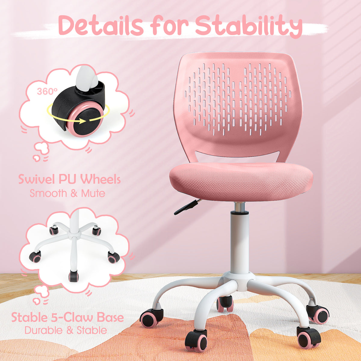Kids Ergonomic Study Chair with Adjustable Height - Light Pink, 16.5-21 Inches