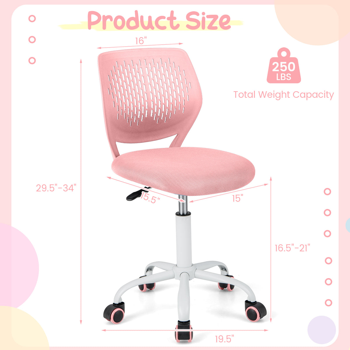 Kids Ergonomic Study Chair with Adjustable Height - Light Pink, 16.5-21 Inches