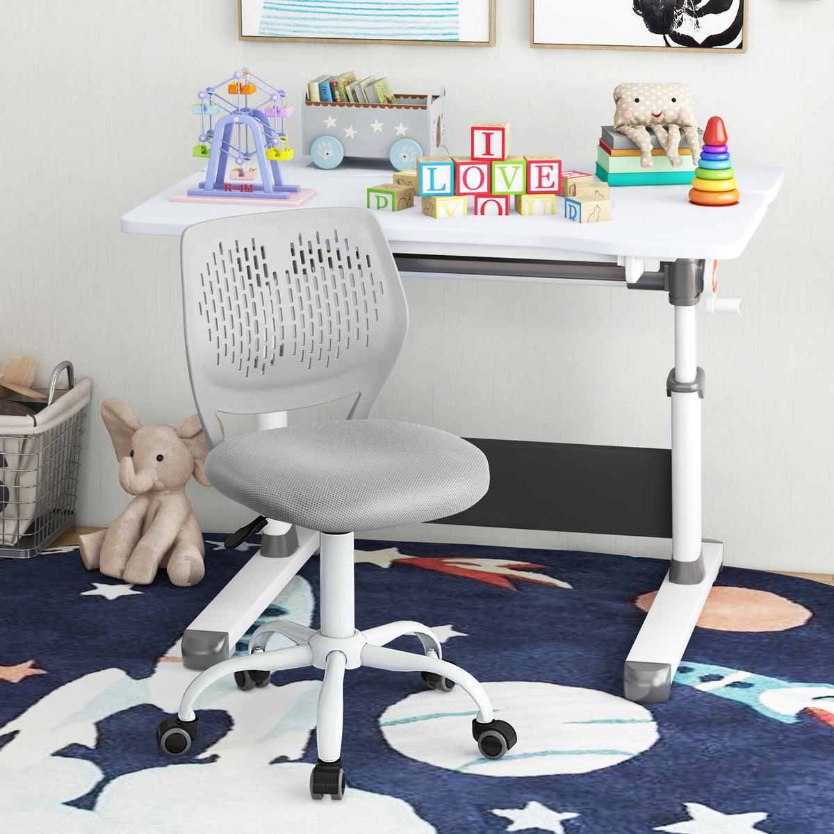 Kids Study Chair with Adjustable Height 16.5-21 Inches Gray Ergonomic Backrest