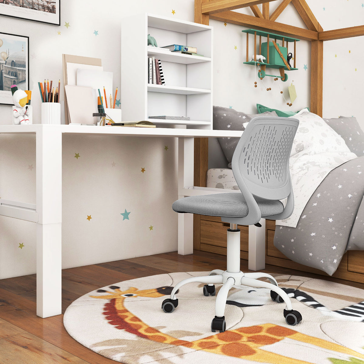 Kids Study Chair with Adjustable Height 16.5-21 Inches Gray Ergonomic Backrest