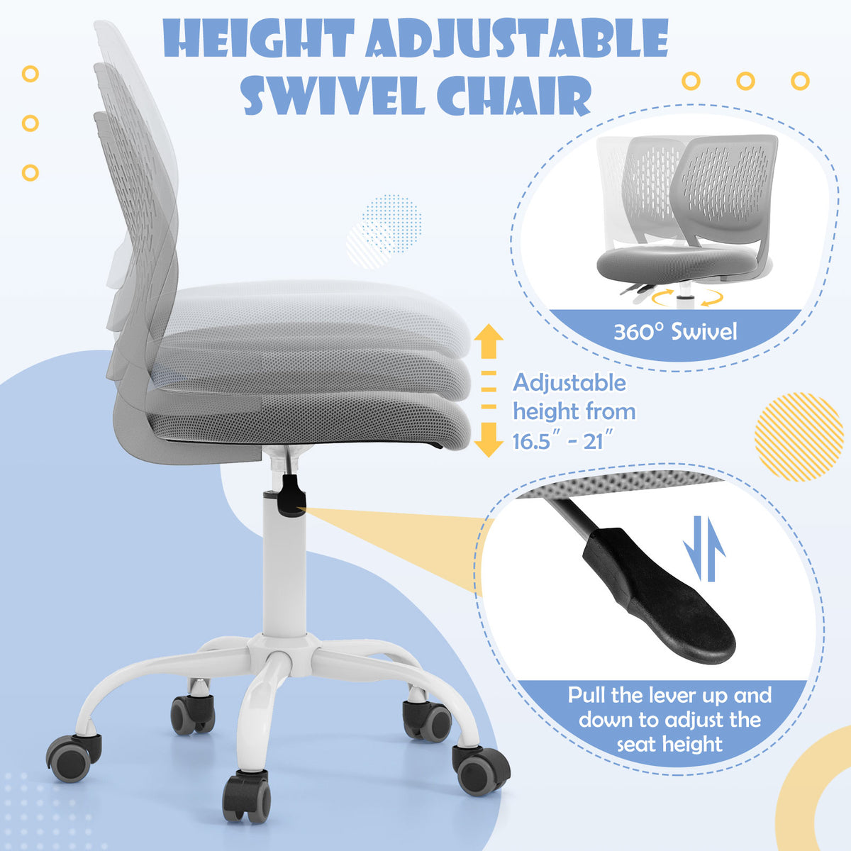 Kids Study Chair with Adjustable Height 16.5-21 Inches Gray Ergonomic Backrest