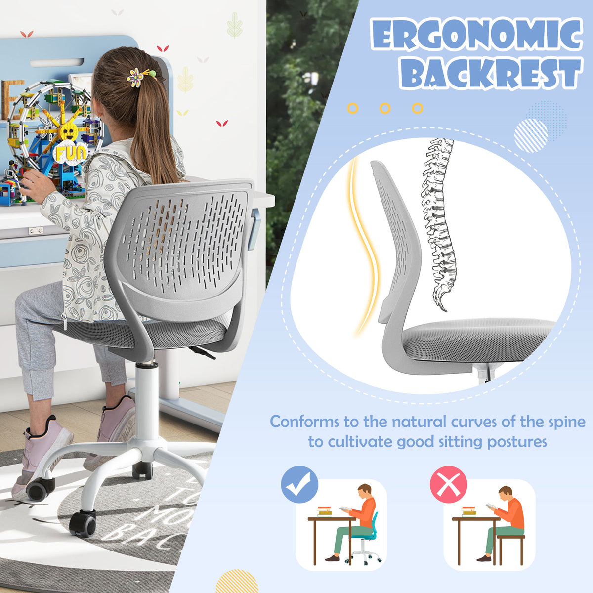 Kids Study Chair with Adjustable Height 16.5-21 Inches Gray Ergonomic Backrest