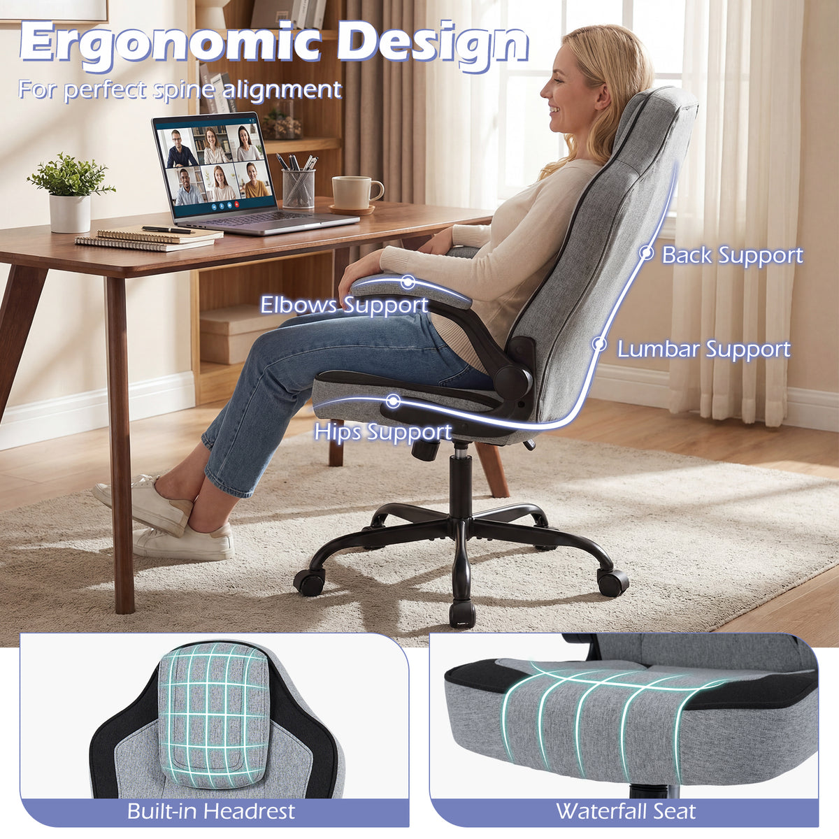 Ergonomic Computer Office Chair with 90° Flip-up Armrests