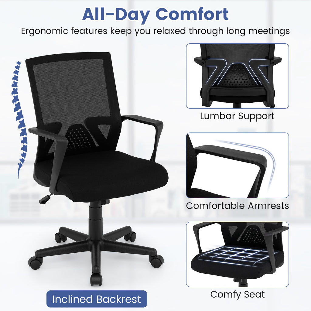 Ergonomic Desk Chair with Lumbar Support & Rocking - Black