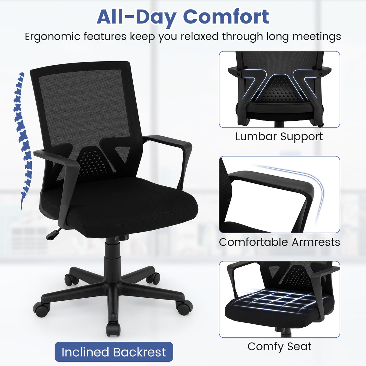 Ergonomic Desk Chair with Lumbar Support & Rocking - Black