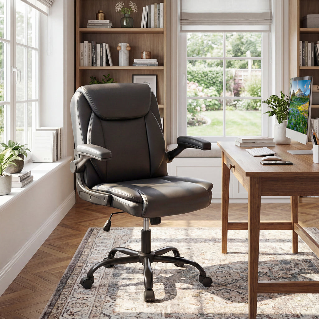Ergonomic Leather Office Chair with Flip-up Armrests and Rocking