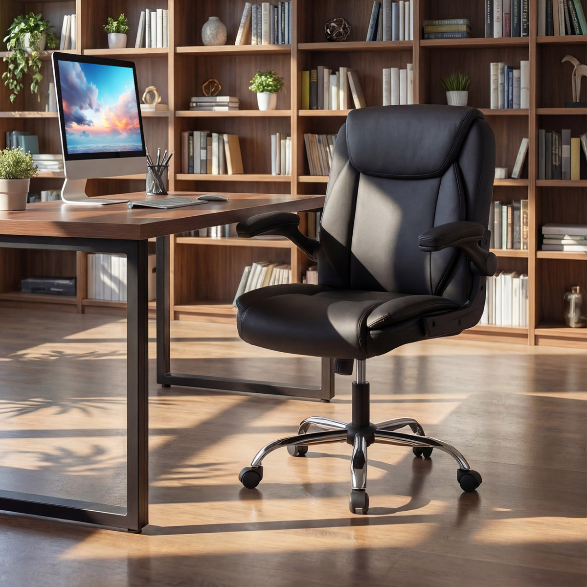 Ergonomic Leather Office Chair with Flip-up Armrests and Rocking