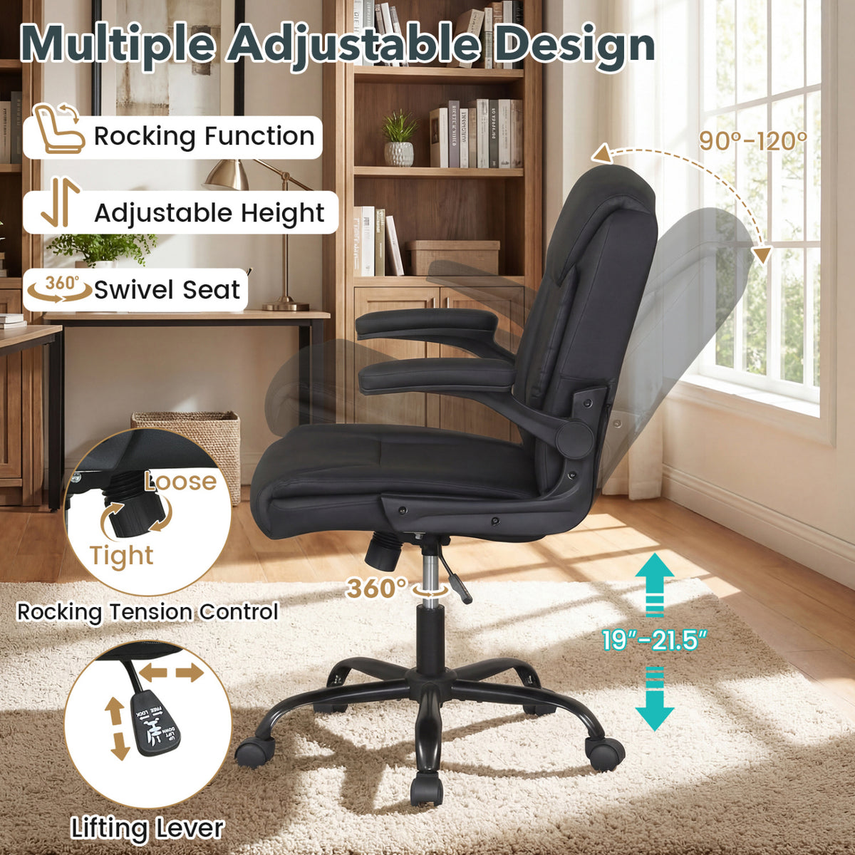 Ergonomic Leather Office Chair with Flip-up Armrests and Rocking