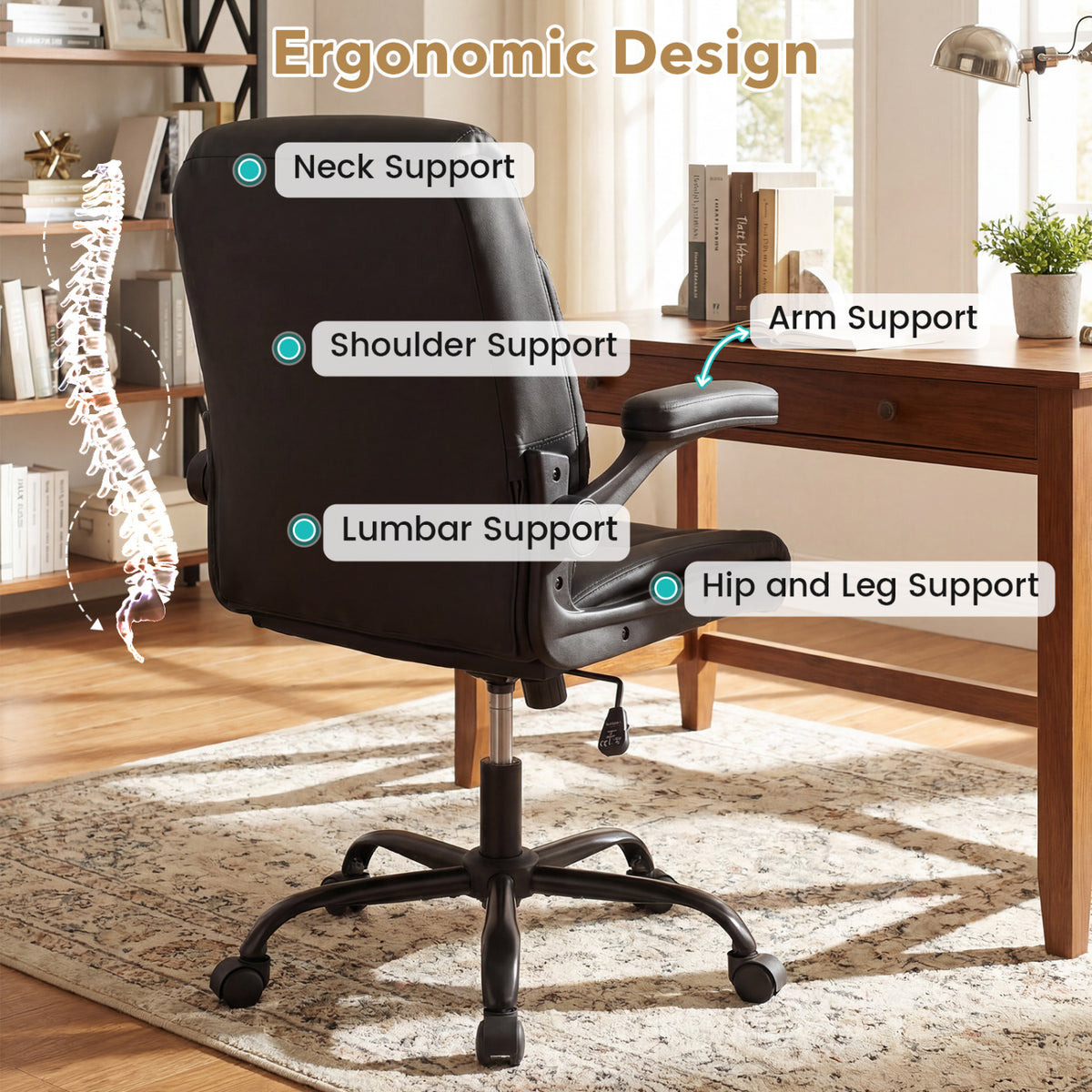 Ergonomic Leather Office Chair with Flip-up Armrests and Rocking