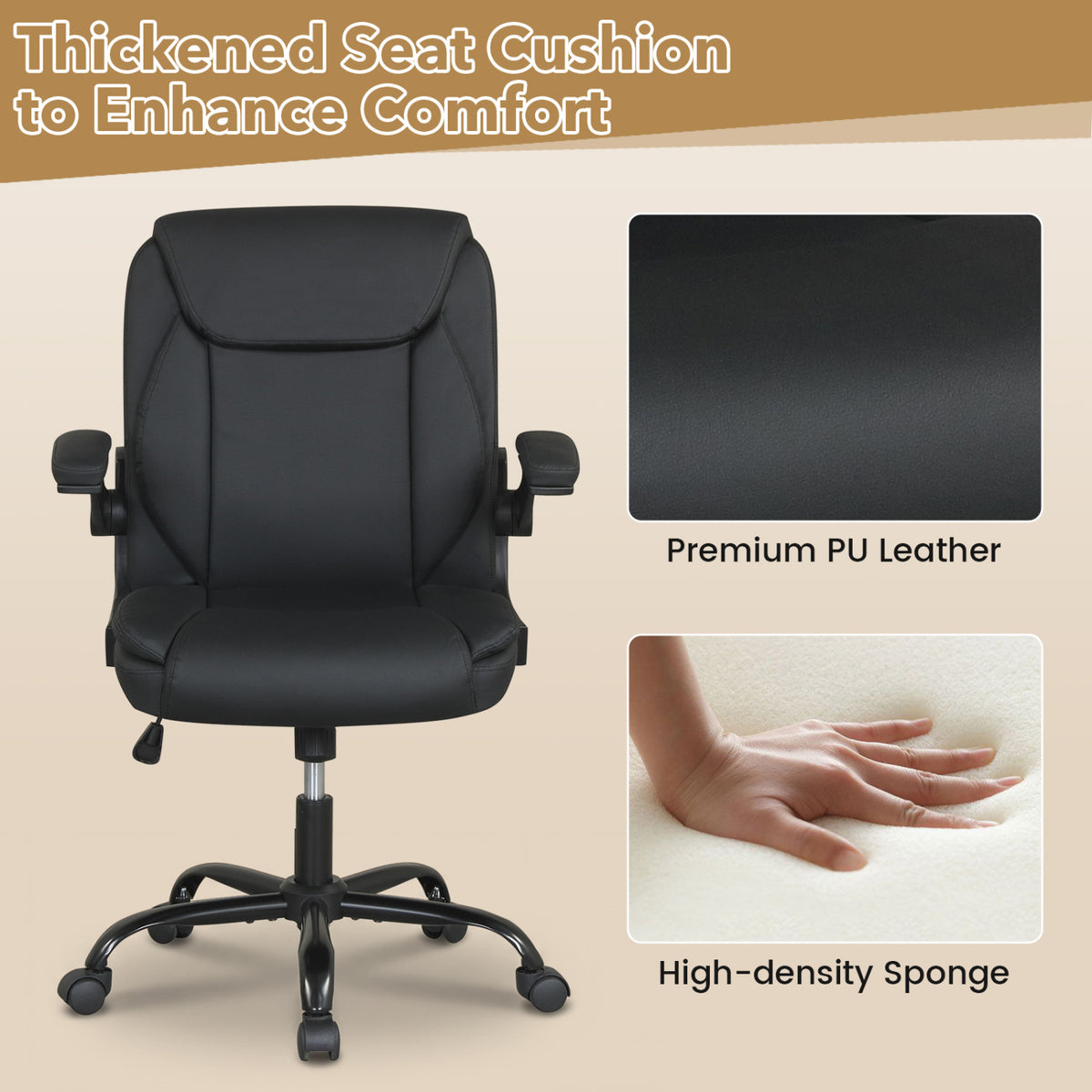 Ergonomic Leather Office Chair with Flip-up Armrests and Rocking