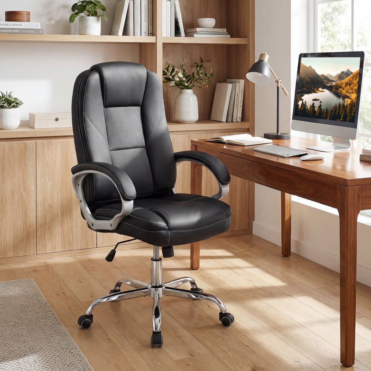 Ergonomic Leather Office Chair with Padded Armrests and Rocking