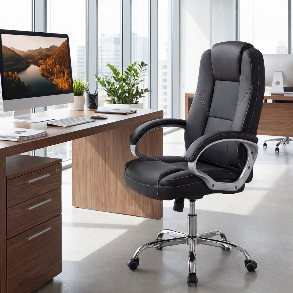 Ergonomic Leather Office Chair with Padded Armrests and Rocking