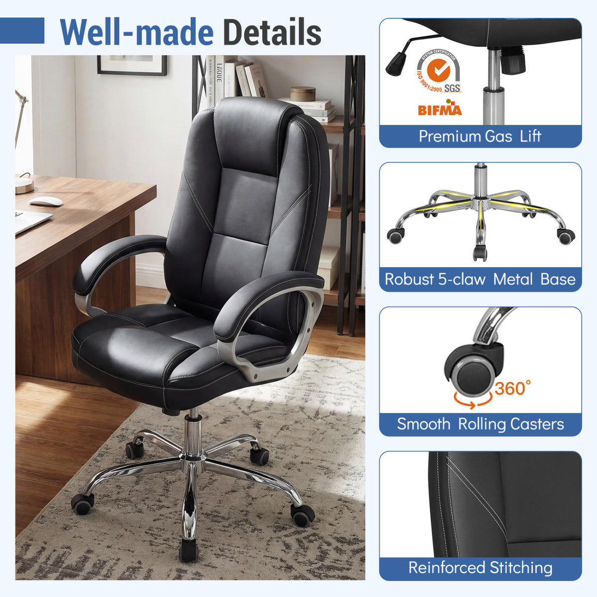 Ergonomic Leather Office Chair with Padded Armrests and Rocking