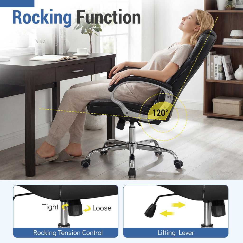 Ergonomic Leather Office Chair with Padded Armrests and Rocking