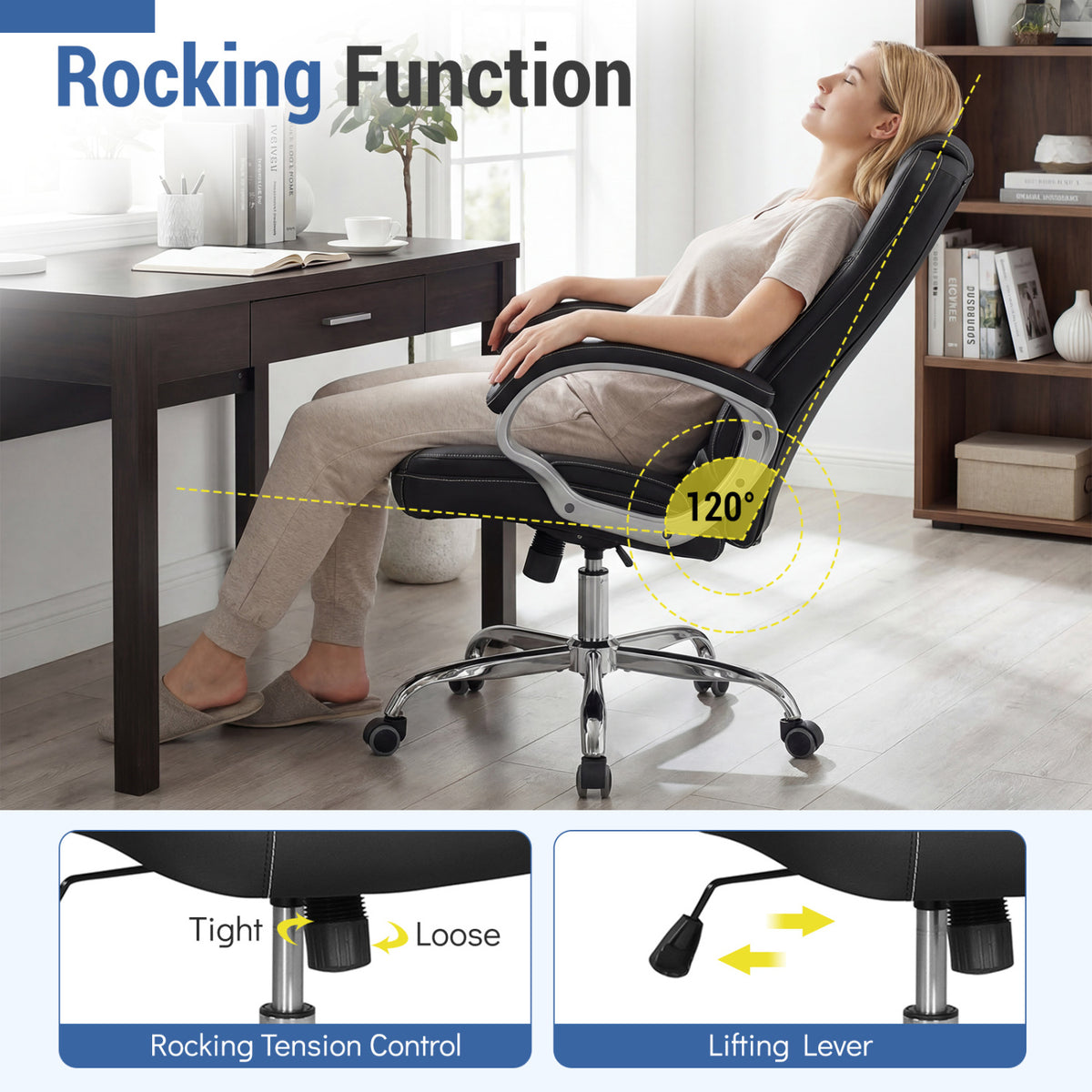 Ergonomic Leather Office Chair with Padded Armrests and Rocking
