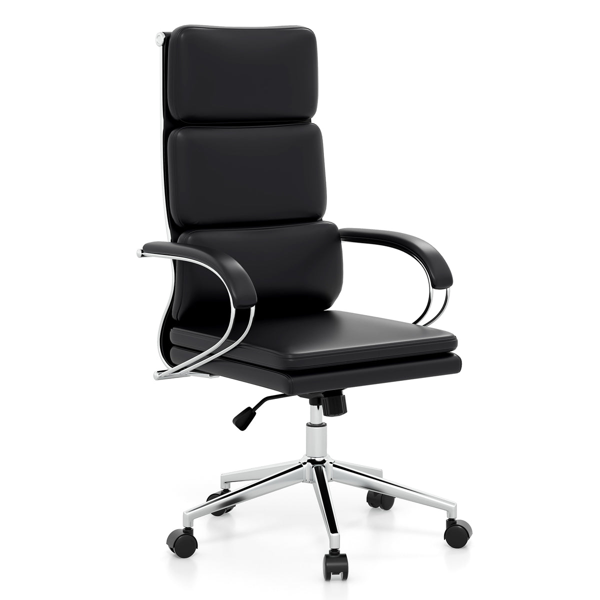 High Back Office Chair with Armrests - Black PU Leather