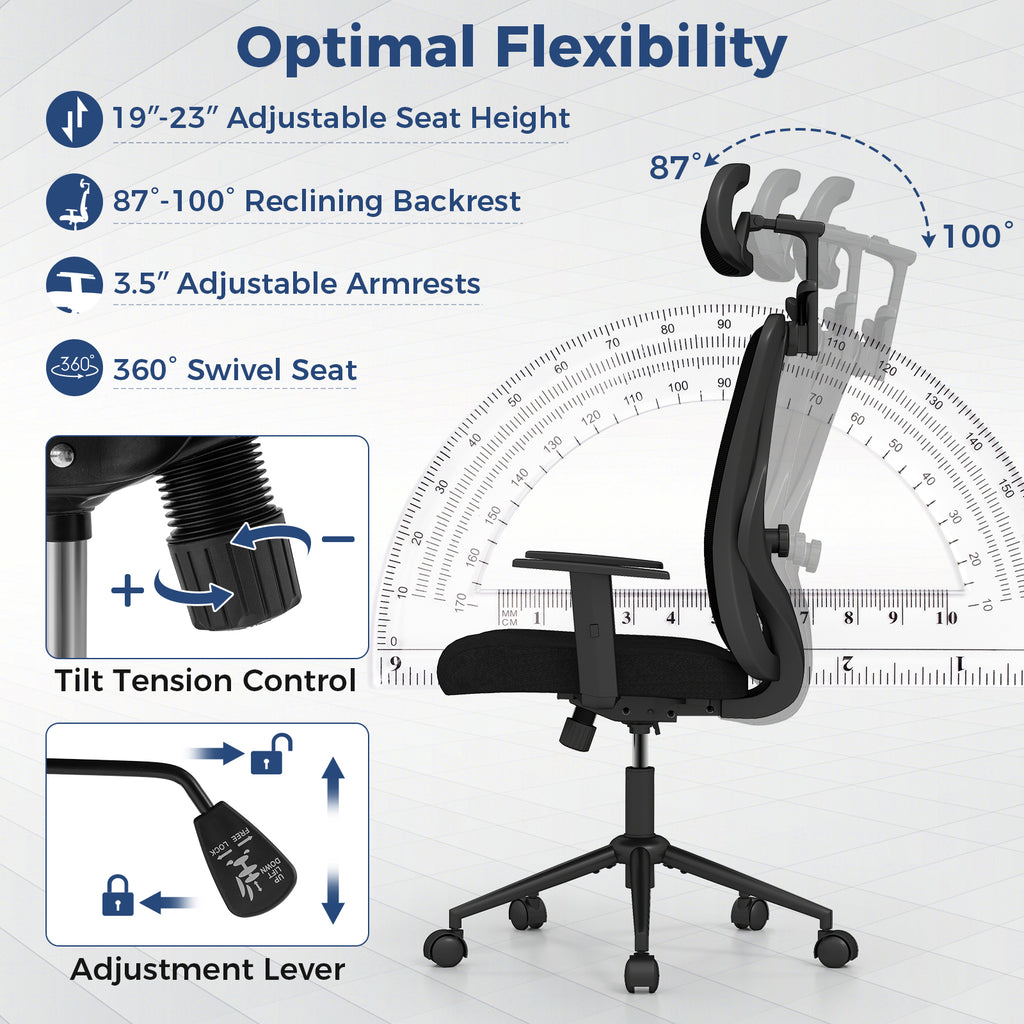 Ergonomic Office Chair with 3D Headrest and Reclining Backrest
