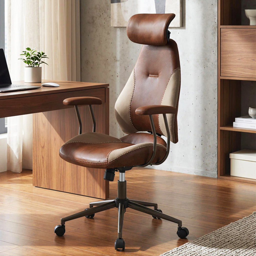 Ergonomic Office Chair with 2D Headrest & Rocking Backrest, Brown