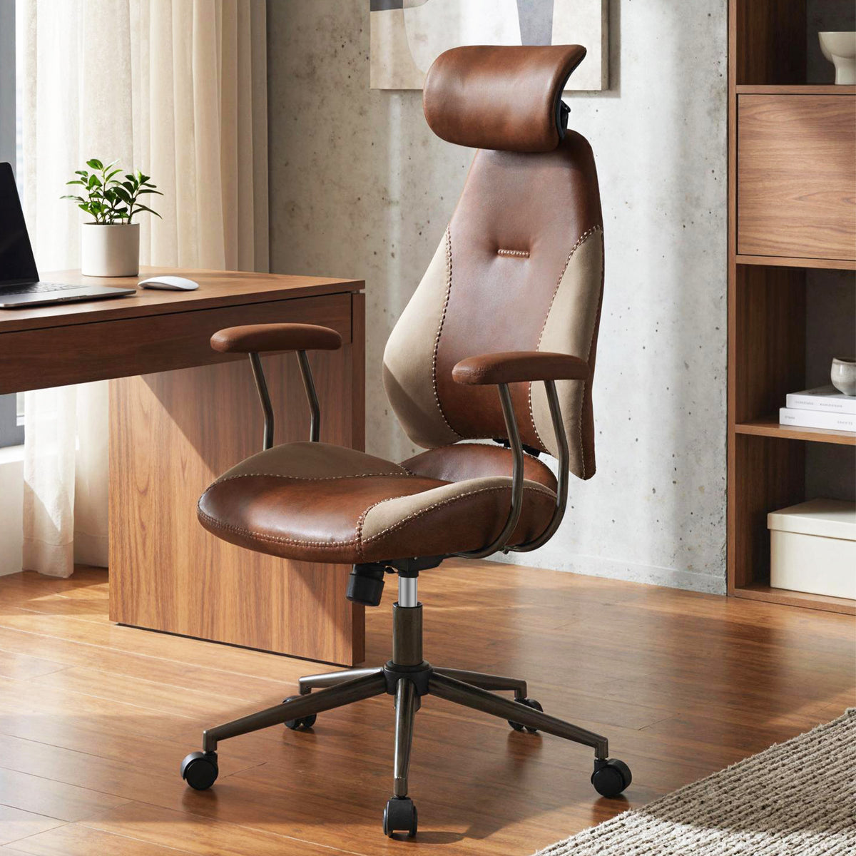 Ergonomic Office Chair with 2D Headrest & Rocking Backrest, Brown