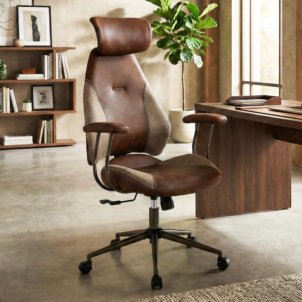 Ergonomic Office Chair with 2D Headrest & Rocking Backrest, Brown