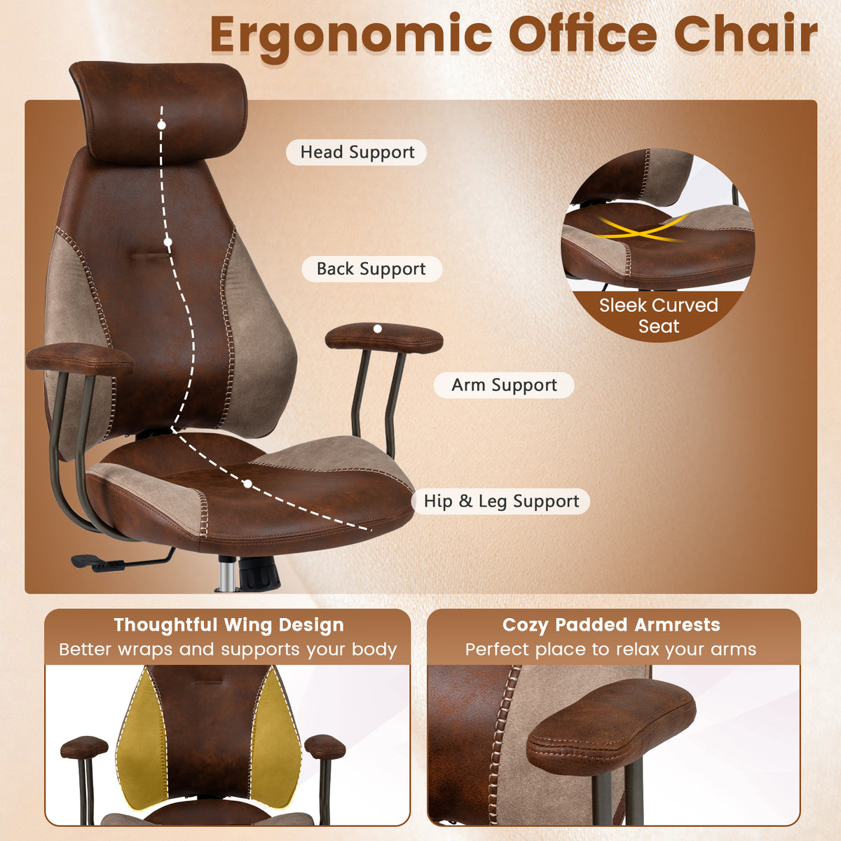 Ergonomic Office Chair with 2D Headrest & Rocking Backrest, Brown