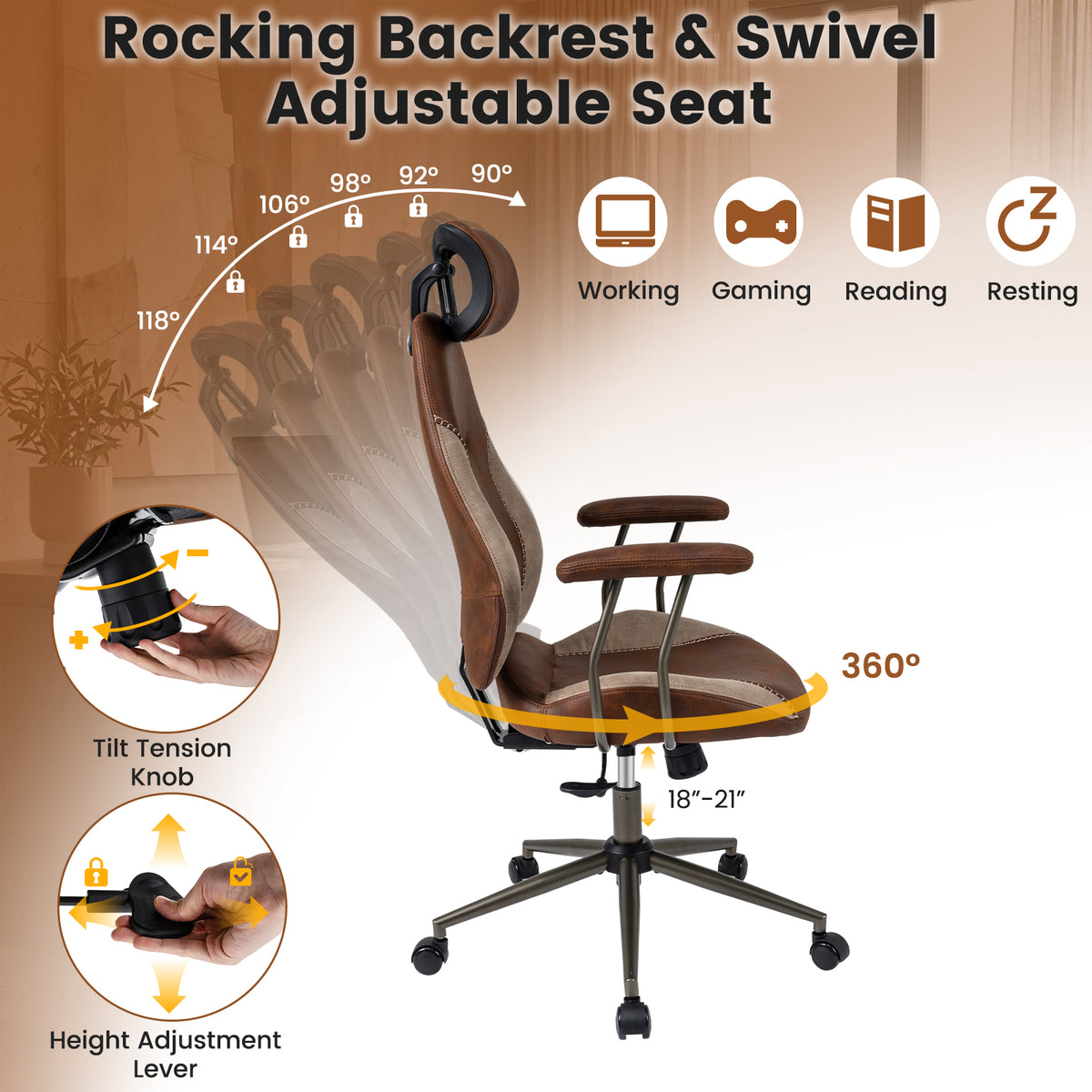 Ergonomic Office Chair with 2D Headrest & Rocking Backrest, Brown