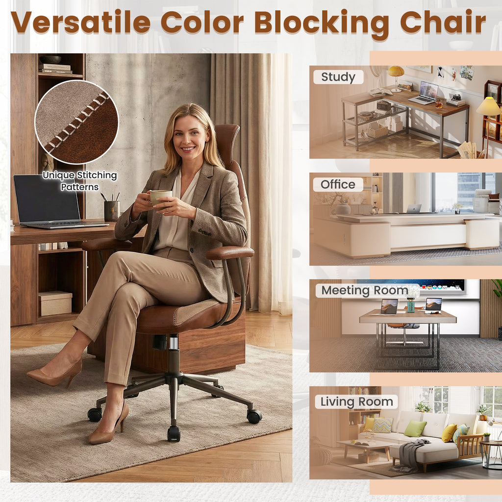 Ergonomic Office Chair with 2D Headrest & Rocking Backrest, Brown