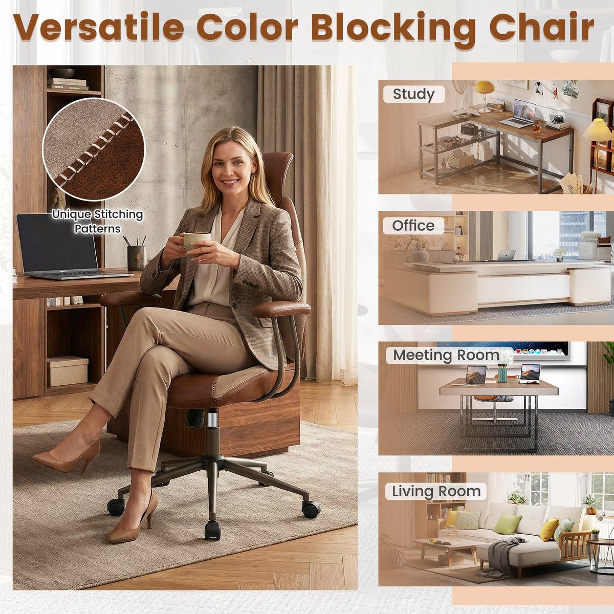 Ergonomic Office Chair with 2D Headrest & Rocking Backrest, Brown