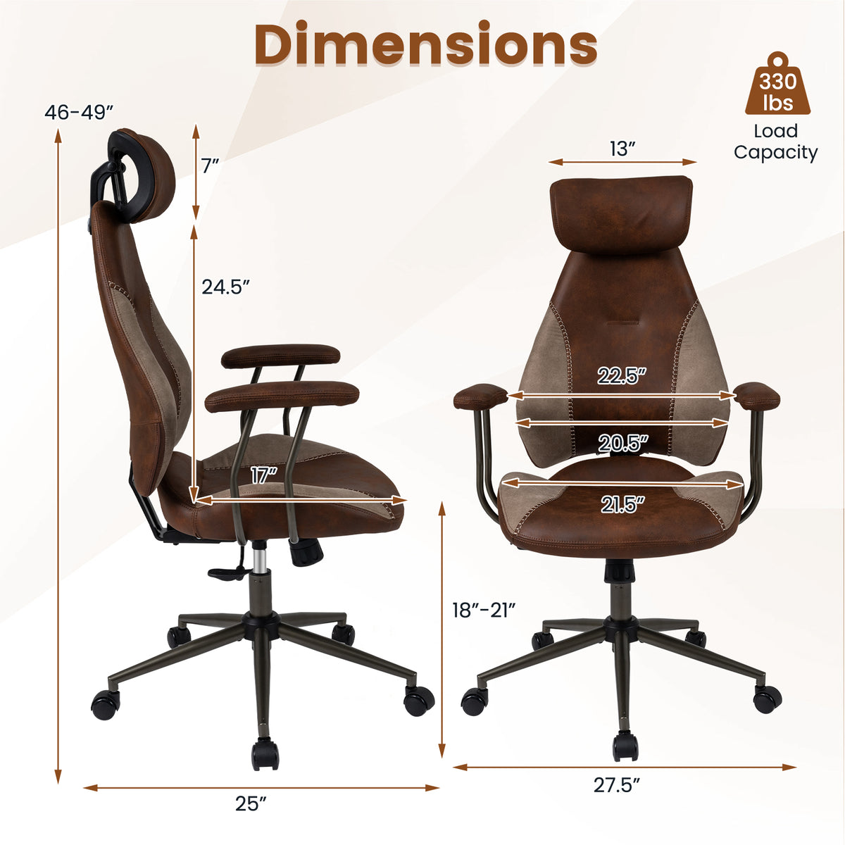 Ergonomic Office Chair with 2D Headrest & Rocking Backrest, Brown