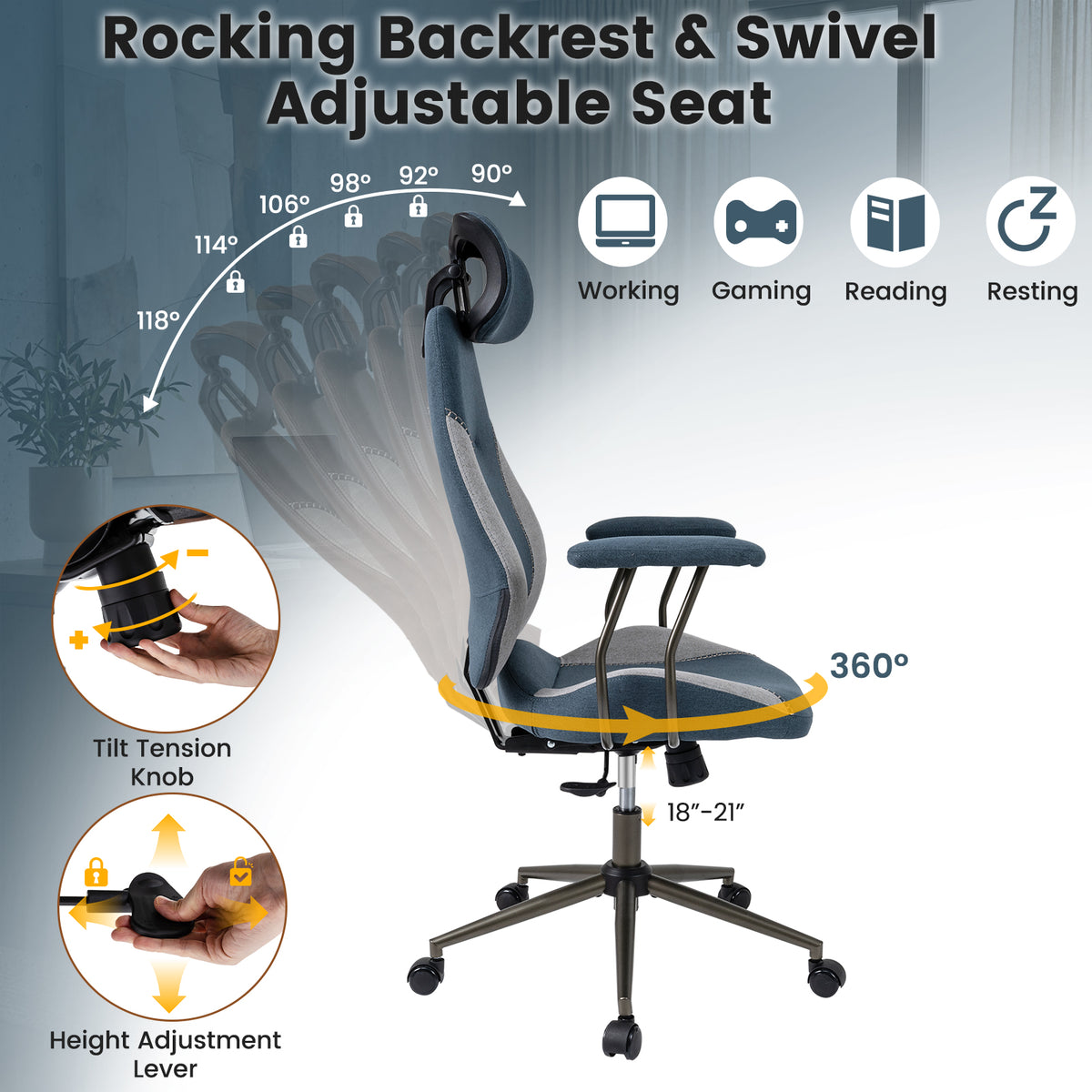 Ergonomic Office Chair with 2D Headrest - Gray Suede