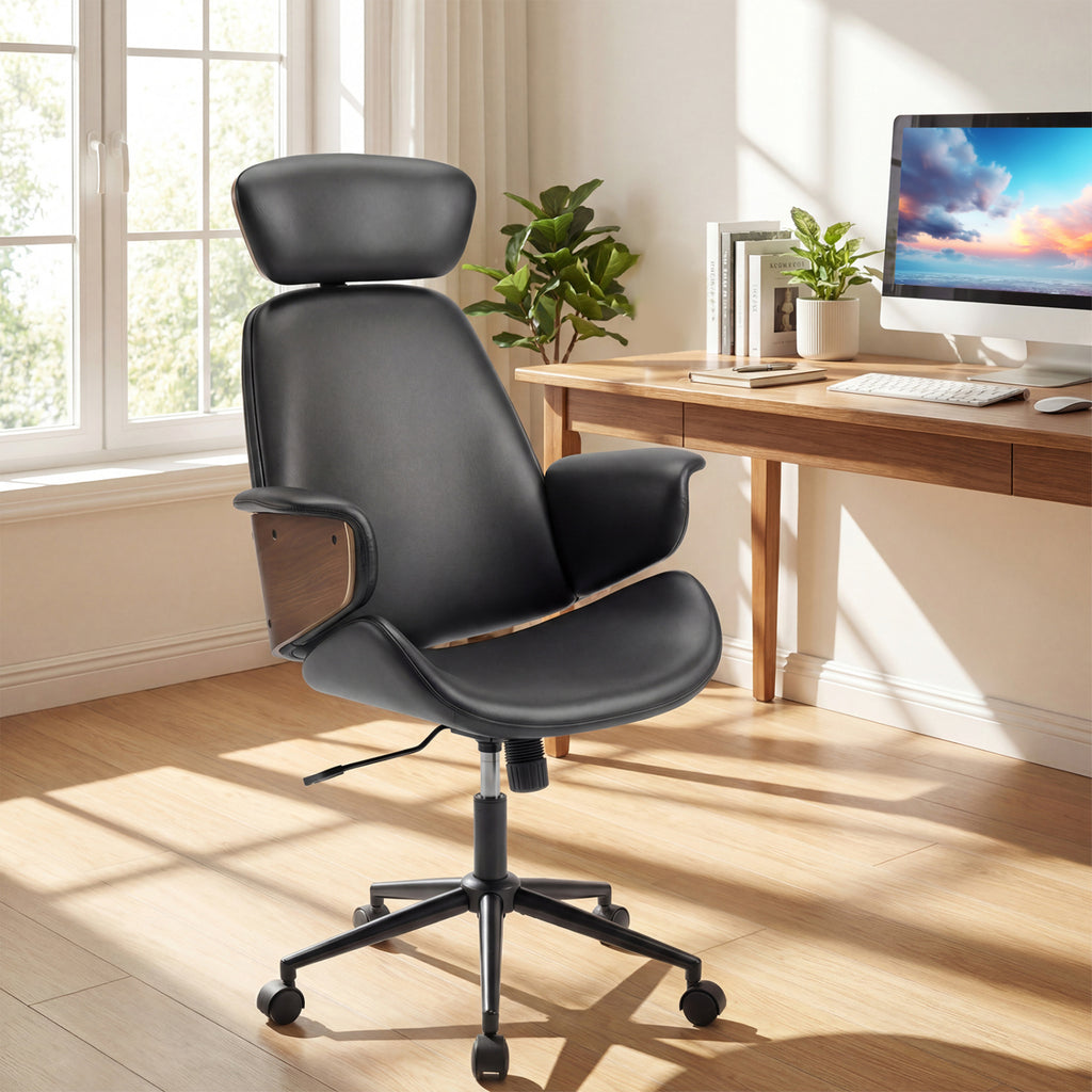 Ergonomic Office Chair with Headrest, Black Faux Leather