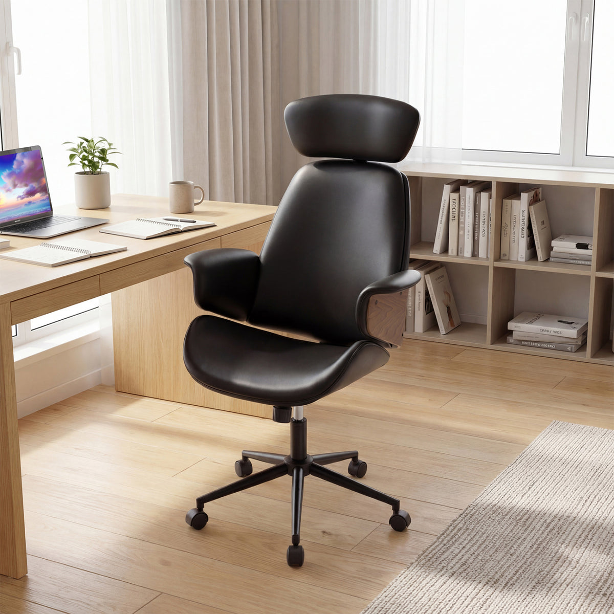 Ergonomic Office Chair with Headrest, Black Faux Leather