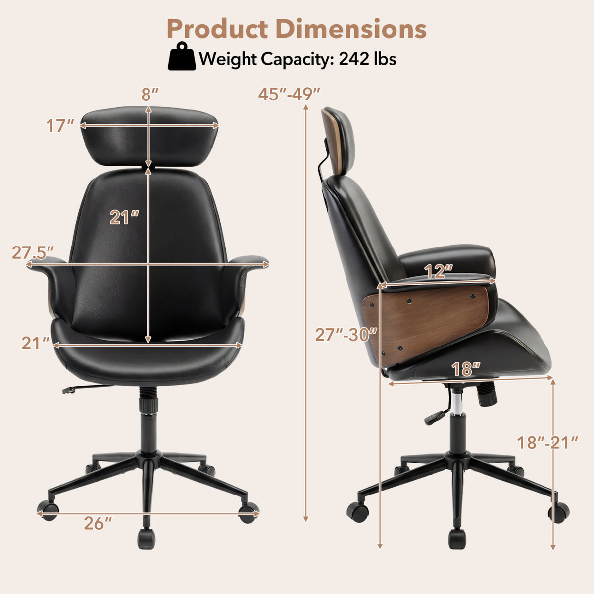 Ergonomic Office Chair with Headrest, Black Faux Leather