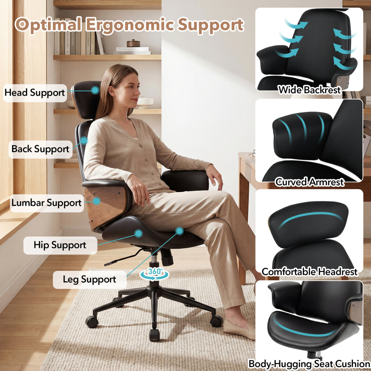 Ergonomic Office Chair with Headrest, Black Faux Leather