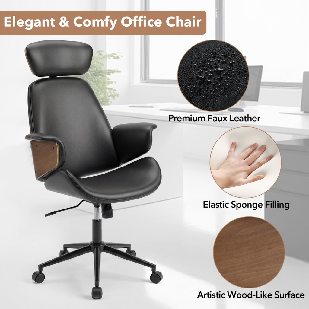 Ergonomic Office Chair with Headrest, Black Faux Leather