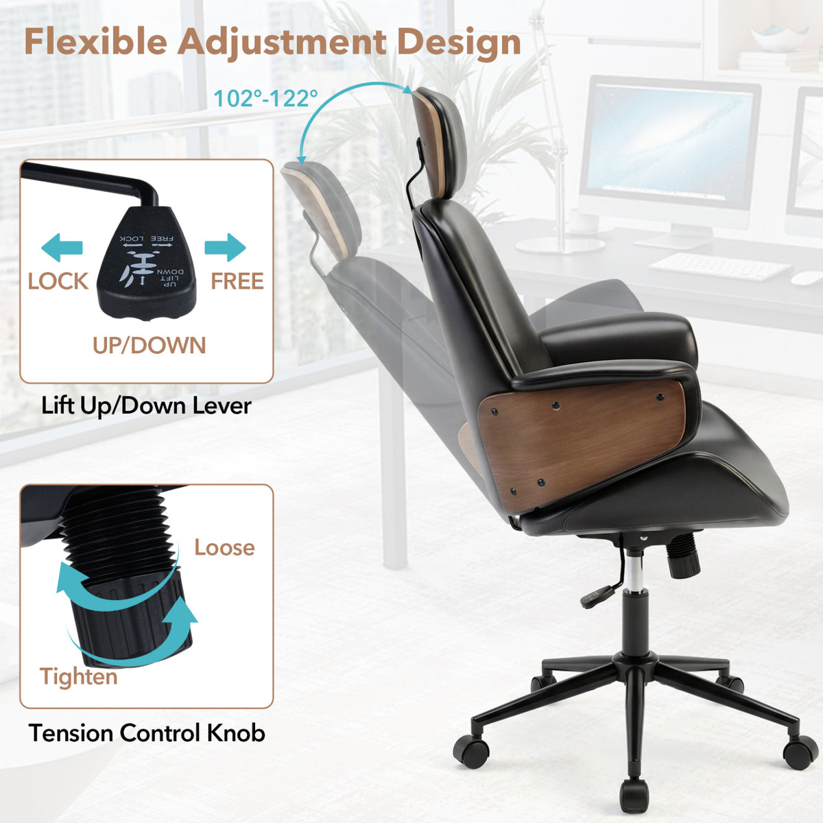 Ergonomic Office Chair with Headrest, Black Faux Leather