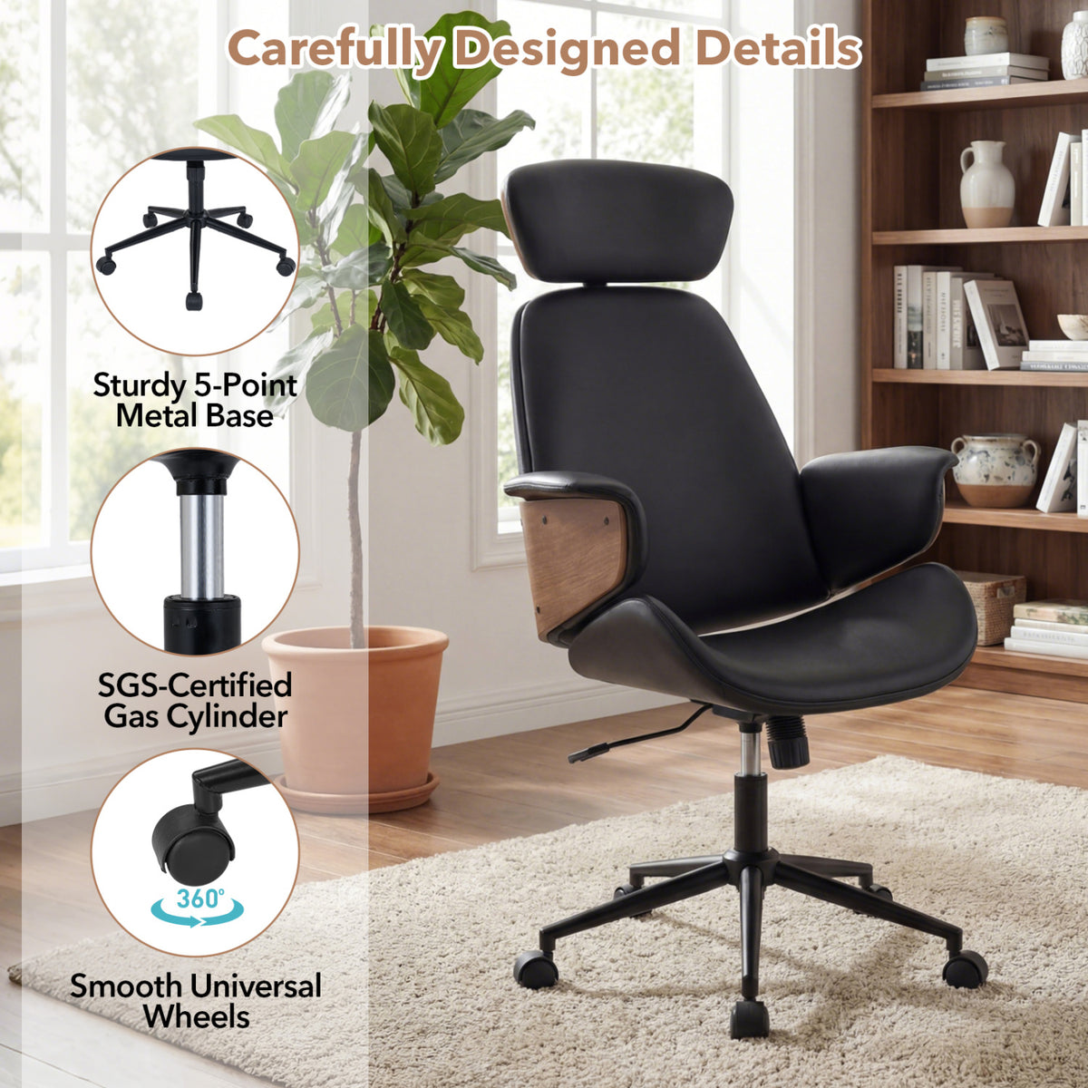 Ergonomic Office Chair with Headrest, Black Faux Leather