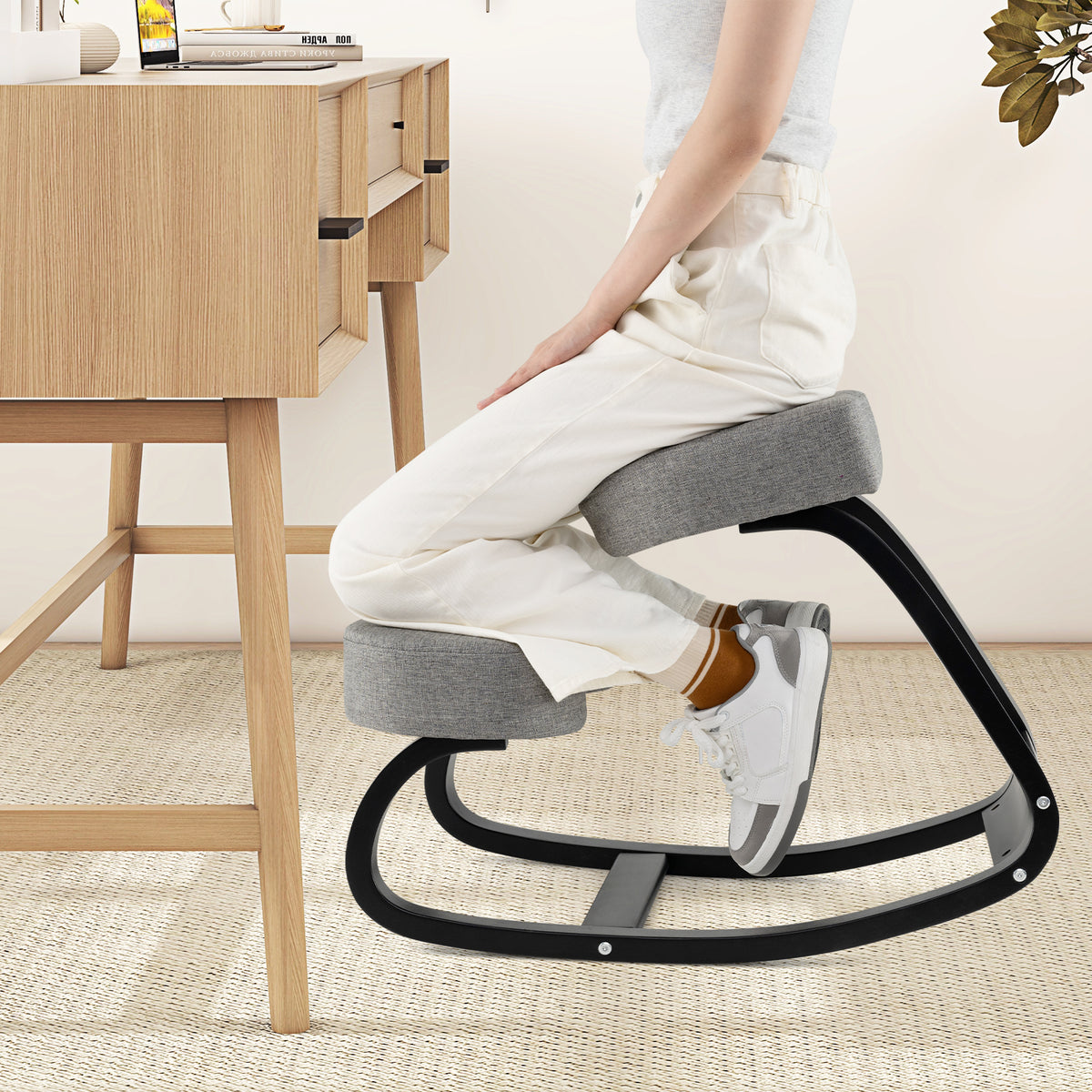 Wooden Ergonomic Kneeling Chair with Padded Cushion, Gray 28" x 18" x 22"