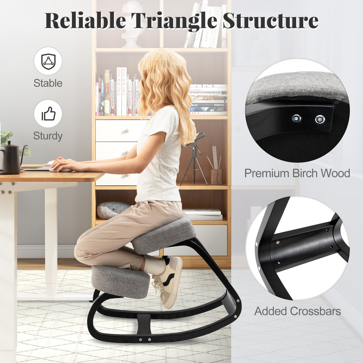 Wooden Ergonomic Kneeling Chair with Padded Cushion, Gray 28" x 18" x 22"