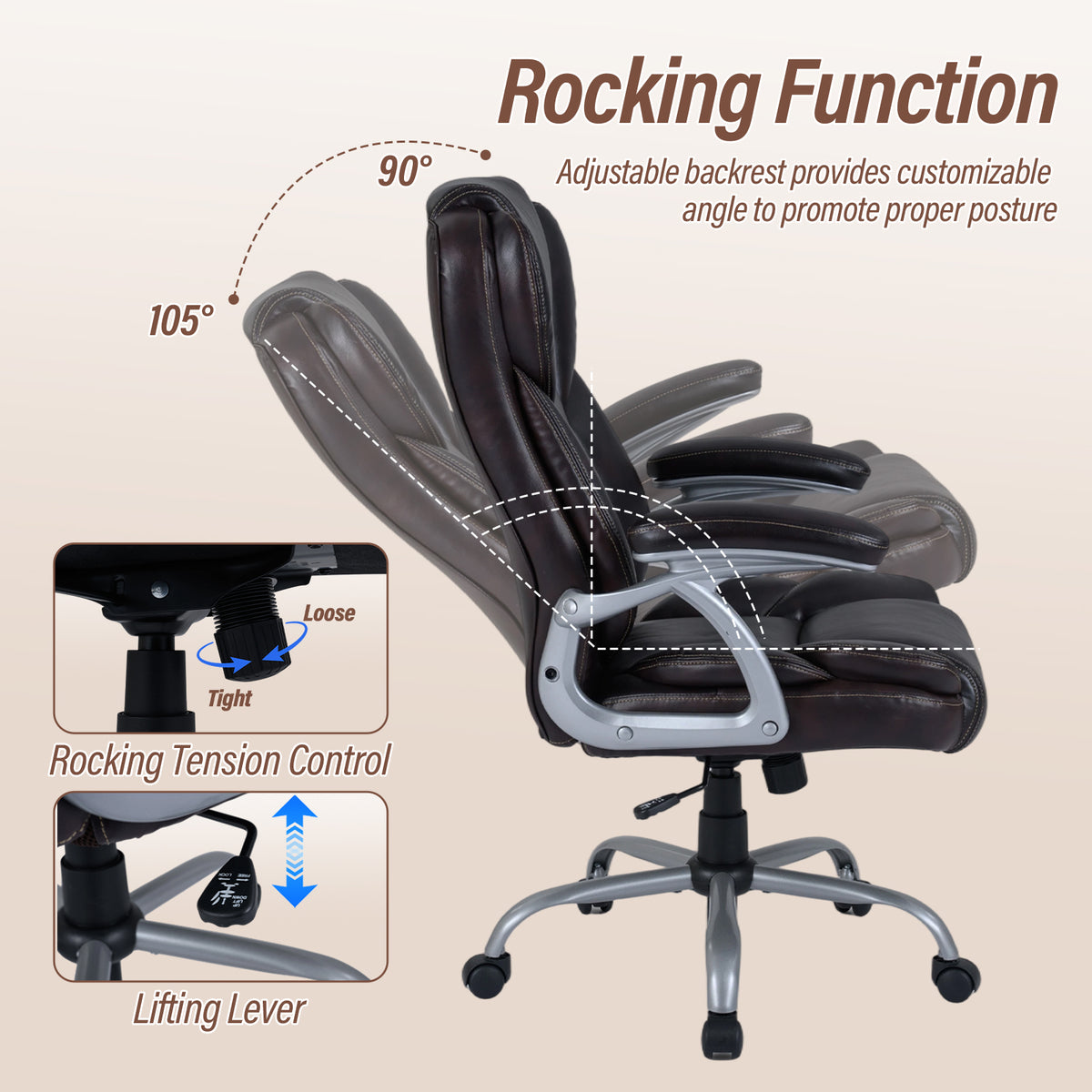 Executive Office Chair Ergonomic Leather - Brown