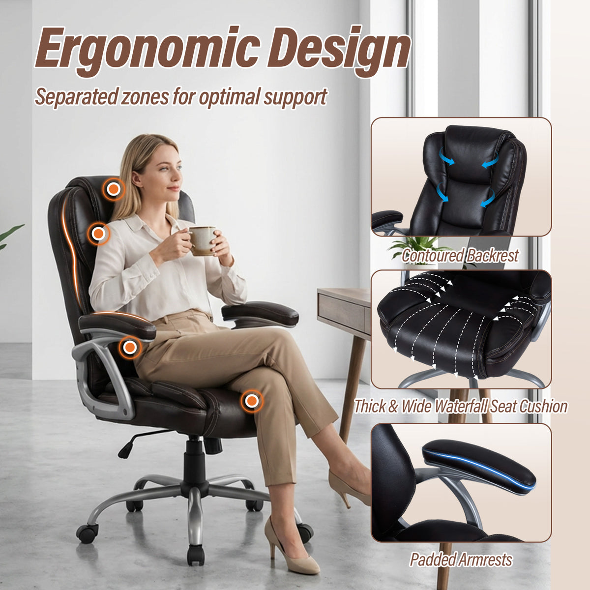 Executive Office Chair Ergonomic Leather - Brown