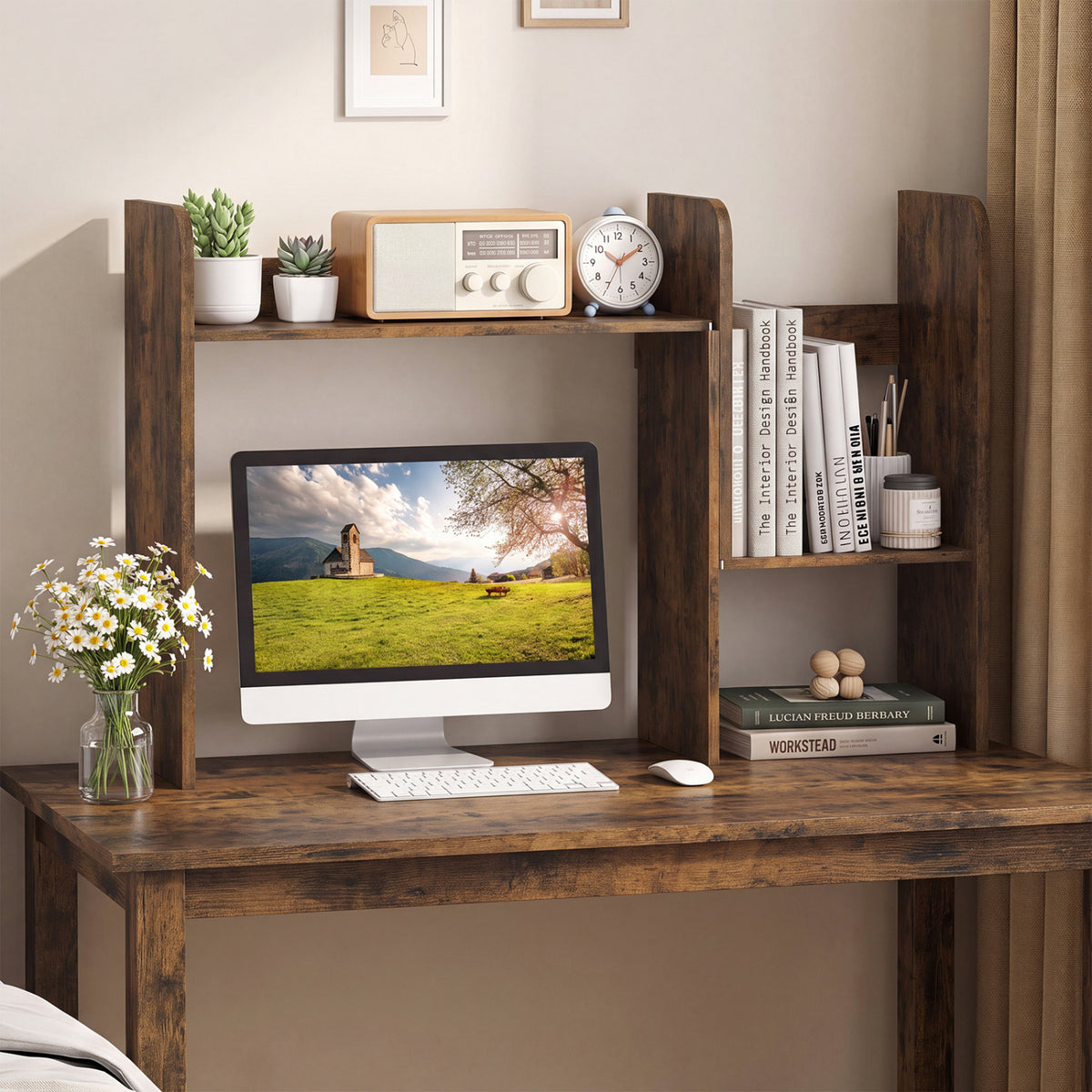 Expandable Desk Bookshelf with Open Cubes and Desktop Display Rack