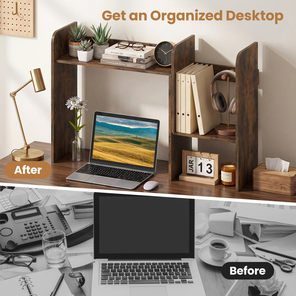 Expandable Desk Bookshelf with Open Cubes and Desktop Display Rack