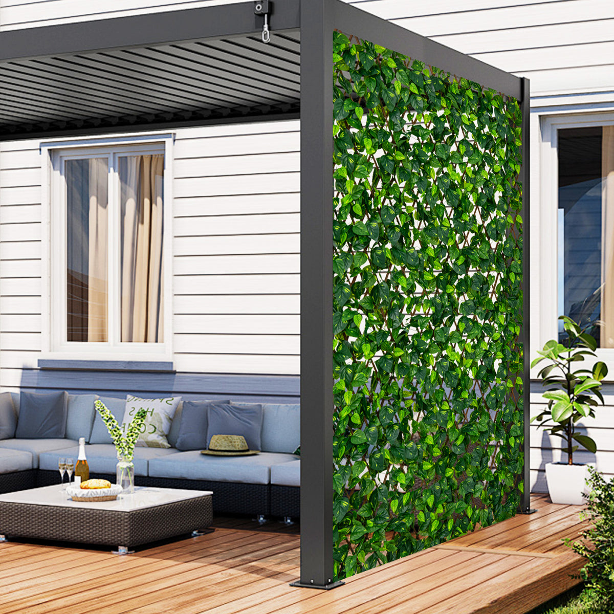 Expandable Faux Fencing Privacy Screen with Willow Frame - Ivy Leaves Yellow Accents