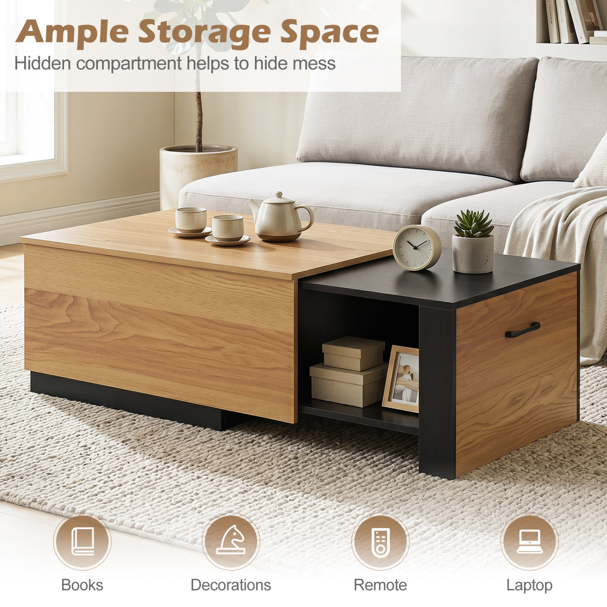 Extendable Coffee Table with Hidden Storage – Natural