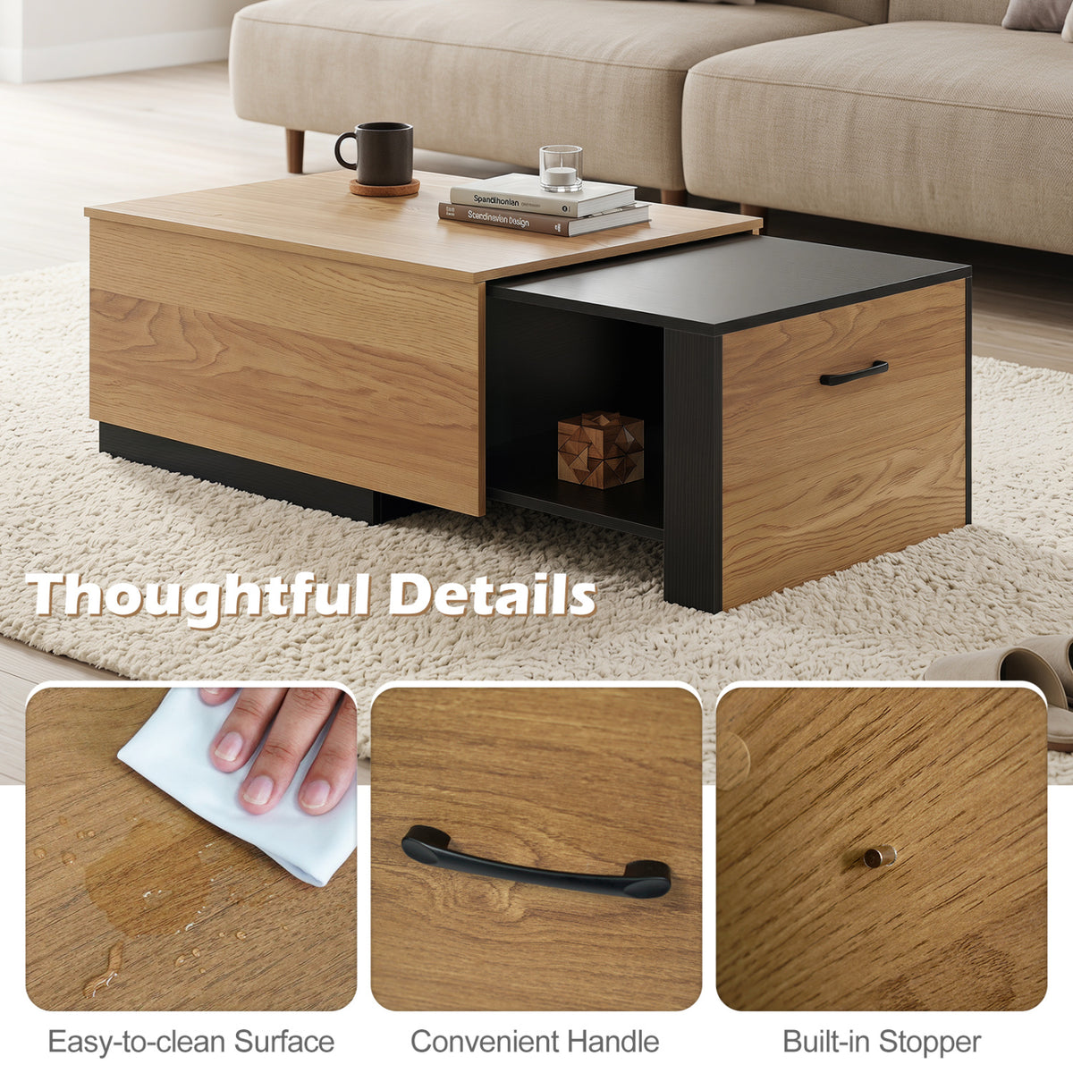 Extendable Coffee Table with Hidden Storage – Natural