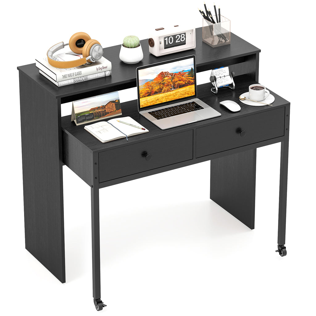 Extendable Computer Desk with 2 Storage Drawers - Black & Brown